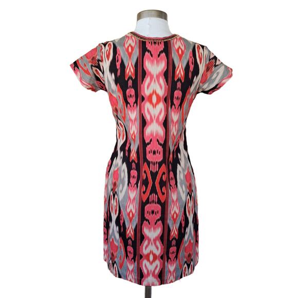 BELLA TU Ikat Hand Beaded Tunic Dress Size Small in Red Cap Sleeve - Picture 4 of 9